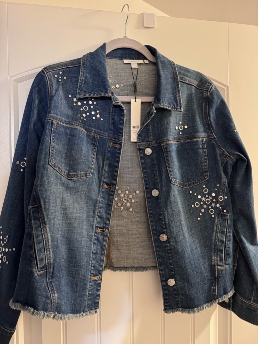 NWT Chicos Americana Star Blue Denim Studded Jacket Size 1 M